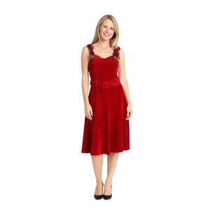 New Collectif Vintage XS Red Velvet Rose-Embroidered Belted Dress